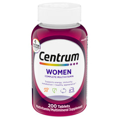 Centrum frente del empaque mostrando 200 tabletas y beneficios diarios