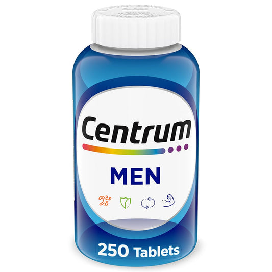 Centrum frasco frontal 250 tabletas mostrando ahorro y duración