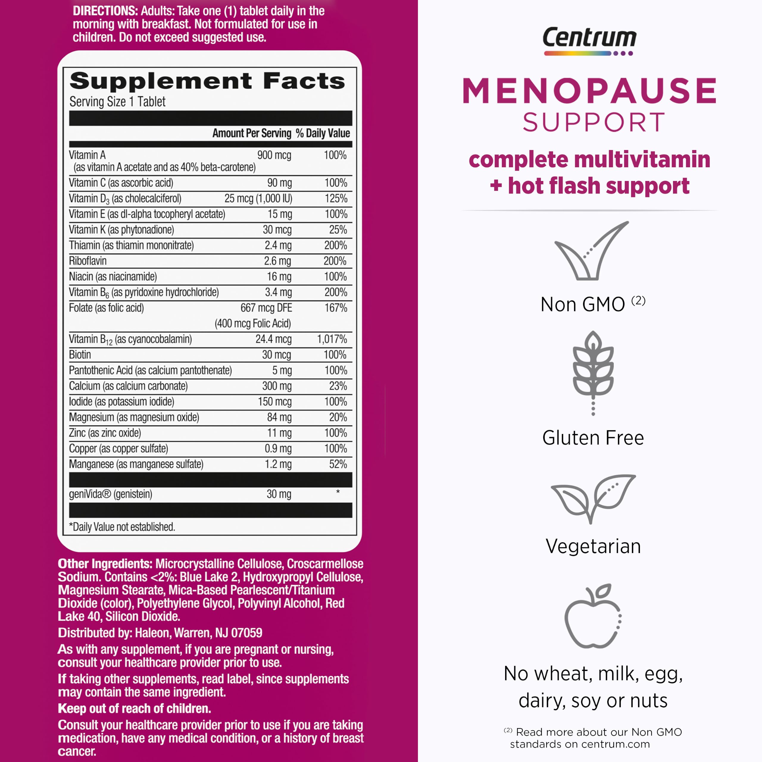 Centrum listado de ingredientes en frasco mostrando nutrientes esenciales