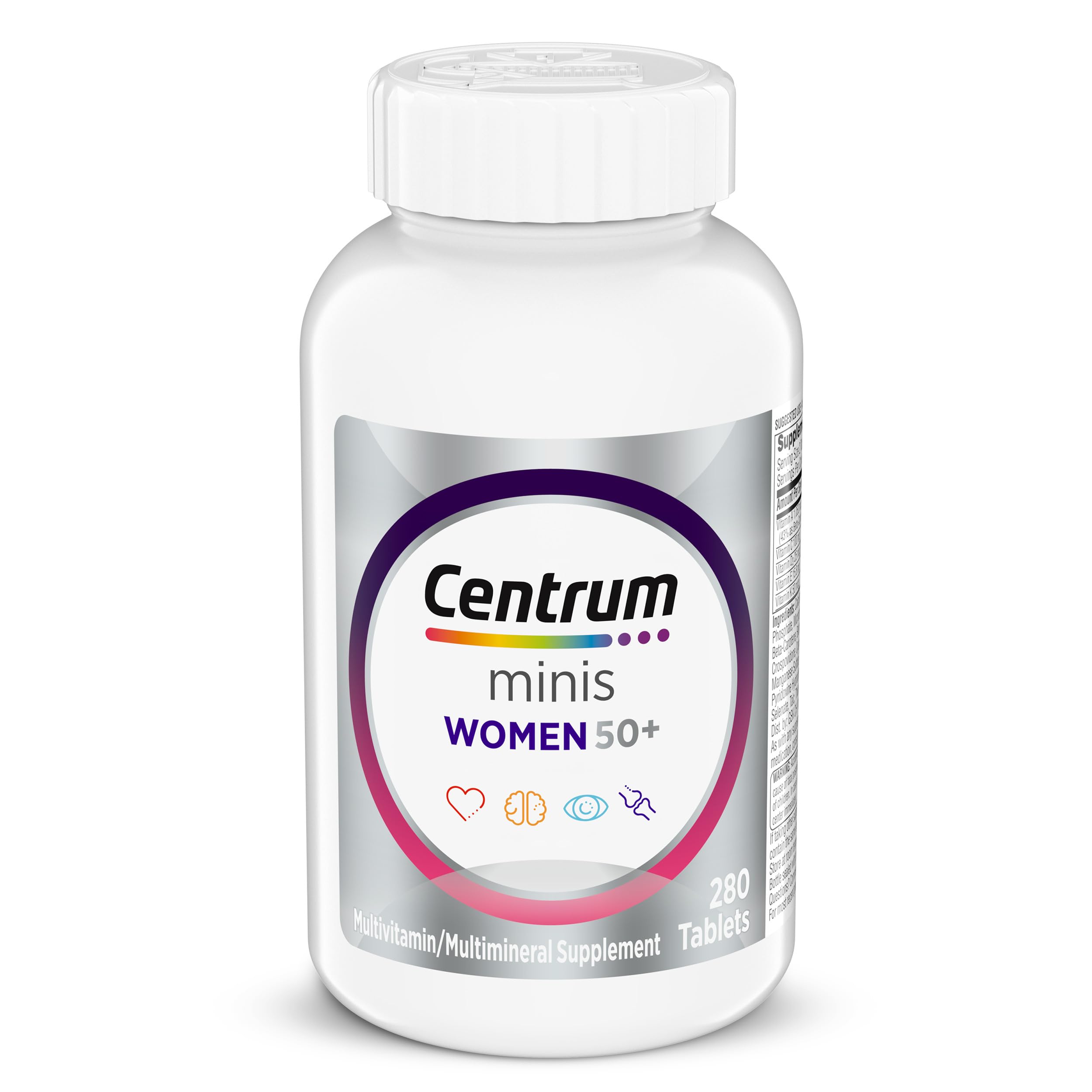 Centrum Minis Silver frontal de botella mostrando diseño y cantidad