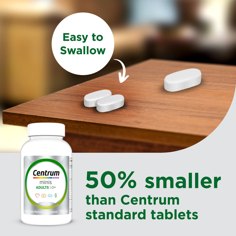 Centrum tabletas dispuestas resaltando mezcla de vitaminas y minerales
