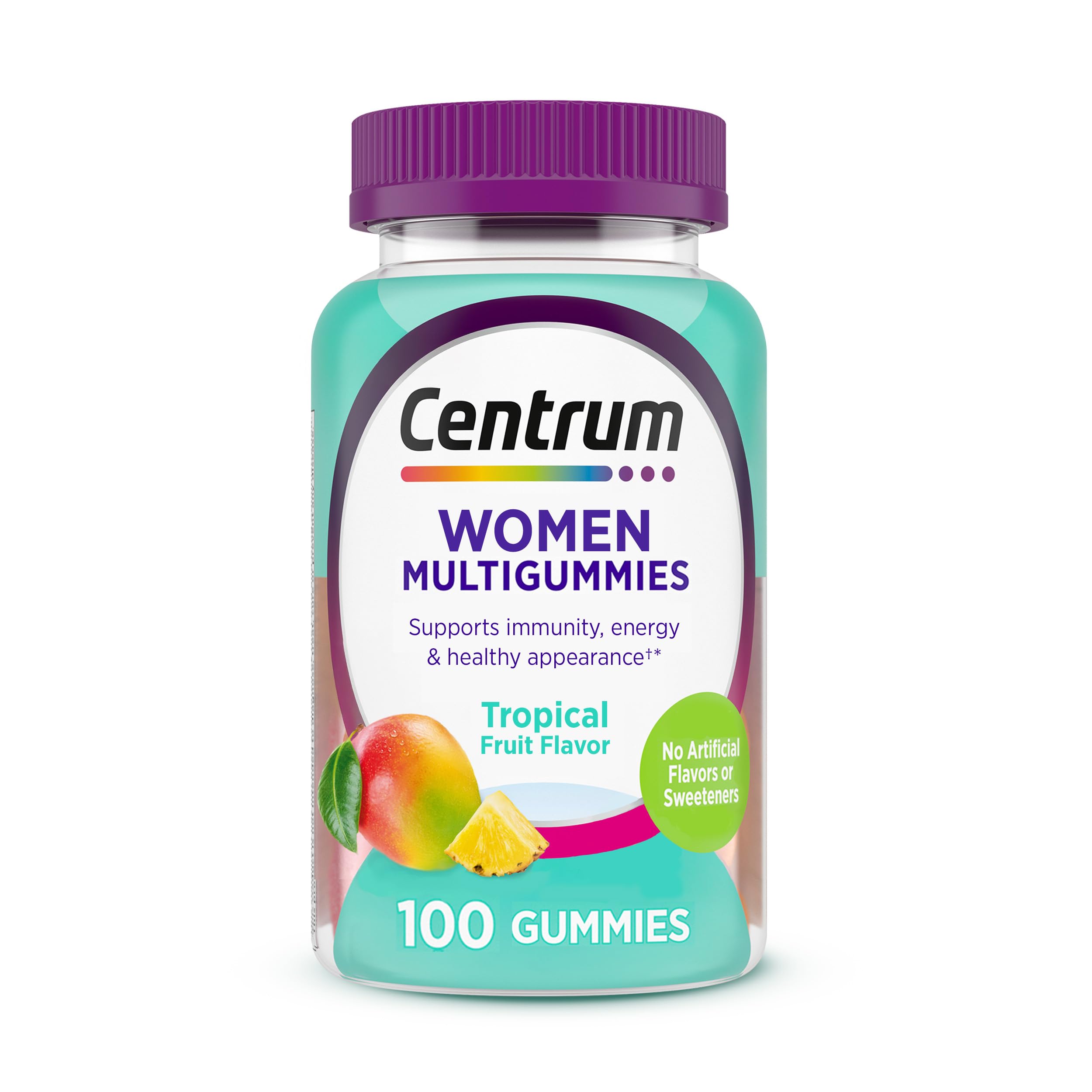 Centrum MultiGummies frente del envase mostrando 100 gomitas y beneficio de conveniencia