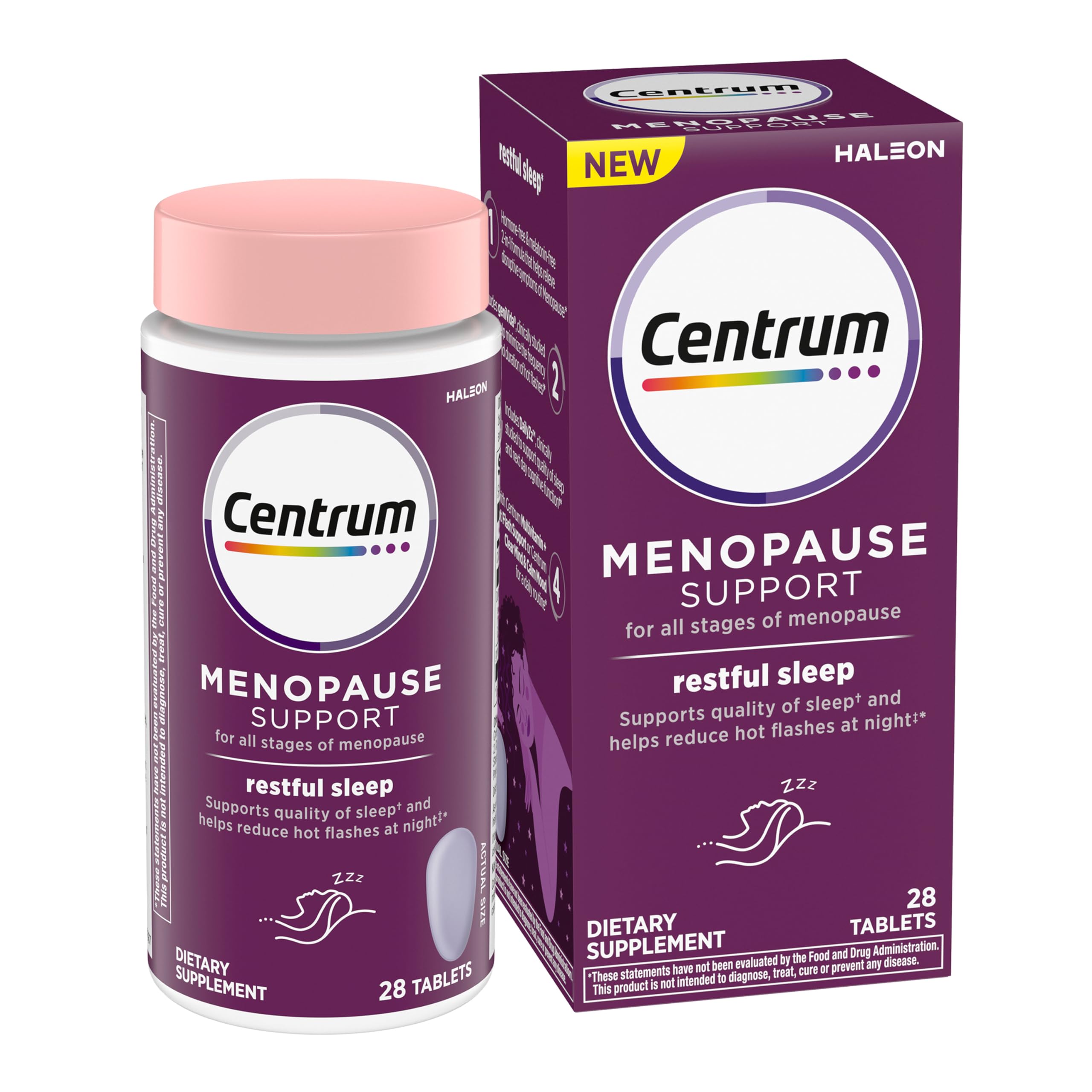 Centrum frasco frente del empaque mostrando 28 tabletas y beneficio descanso