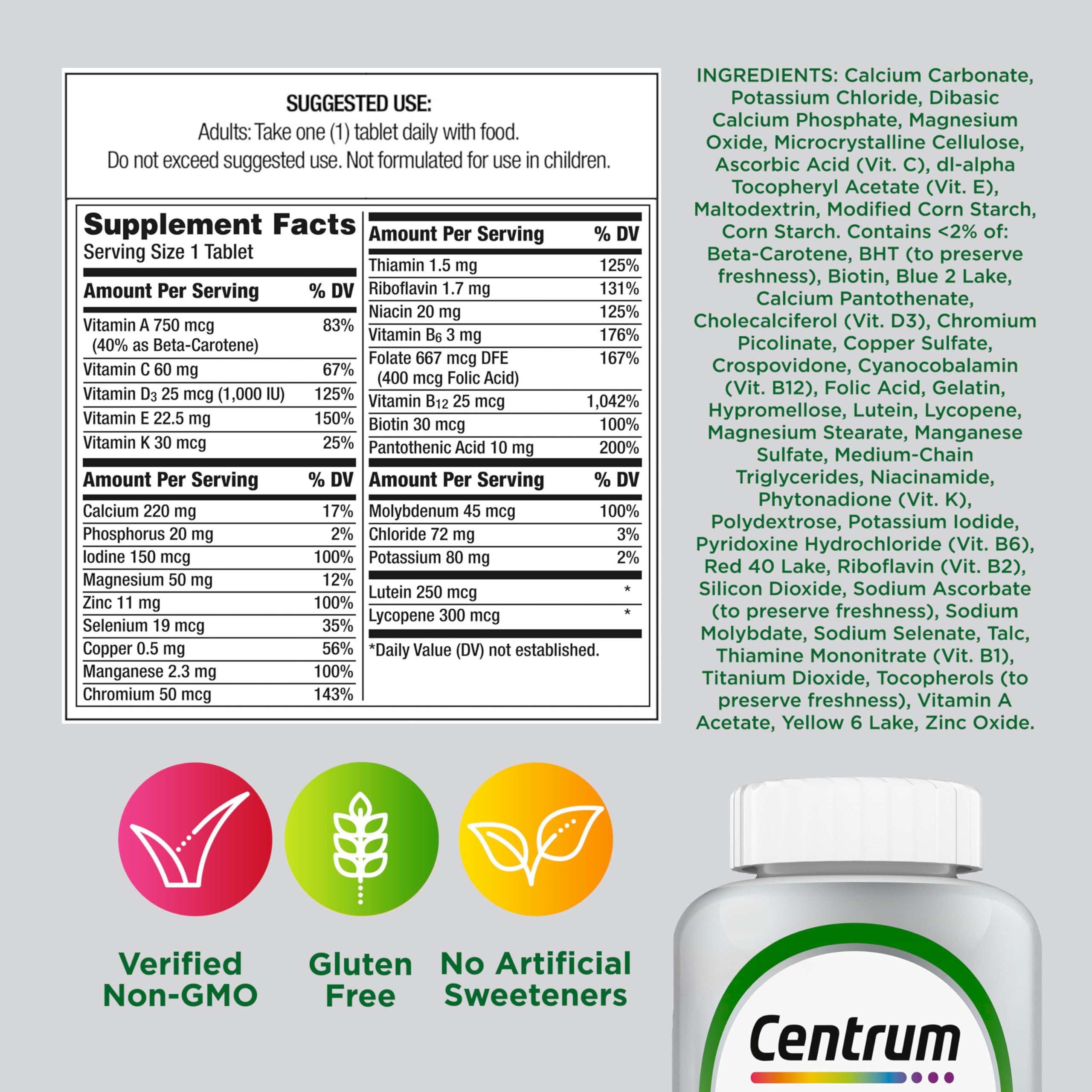 Centrum Silver empaque con sello Non-GMO y beneficio de fórmula sin gluten