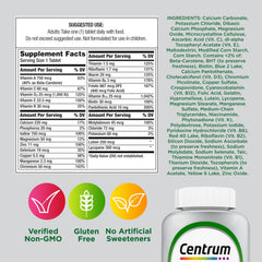 Centrum Silver empaque con sello Non-GMO y beneficio de fórmula sin gluten