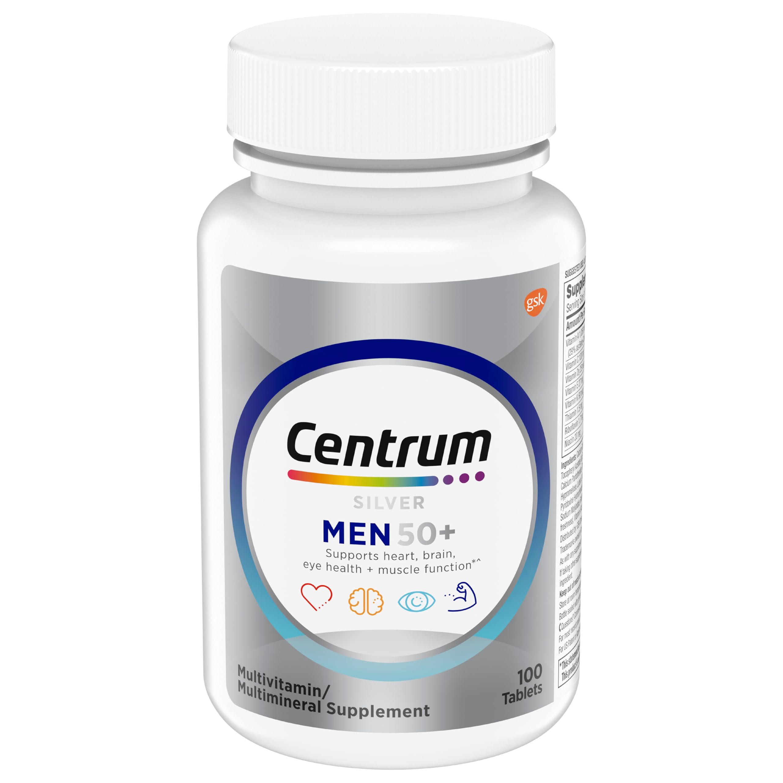 Centrum etiqueta de ingredientes destacando vitaminas clave para hombres 50+