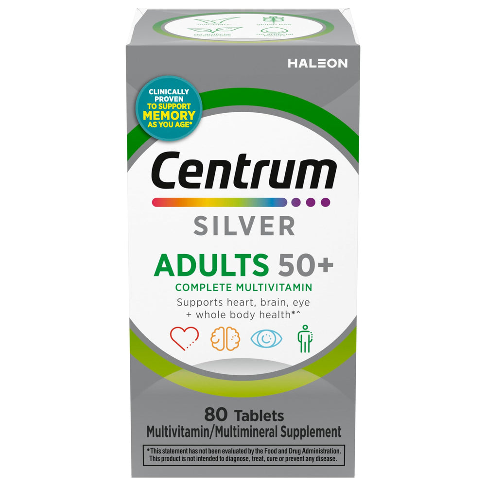 Centrum Silver frente del envase mostrando 80 tabletas y beneficio de suministro prolongado