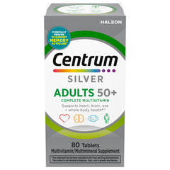 Centrum Silver frente del envase mostrando 80 tabletas y beneficio de suministro prolongado