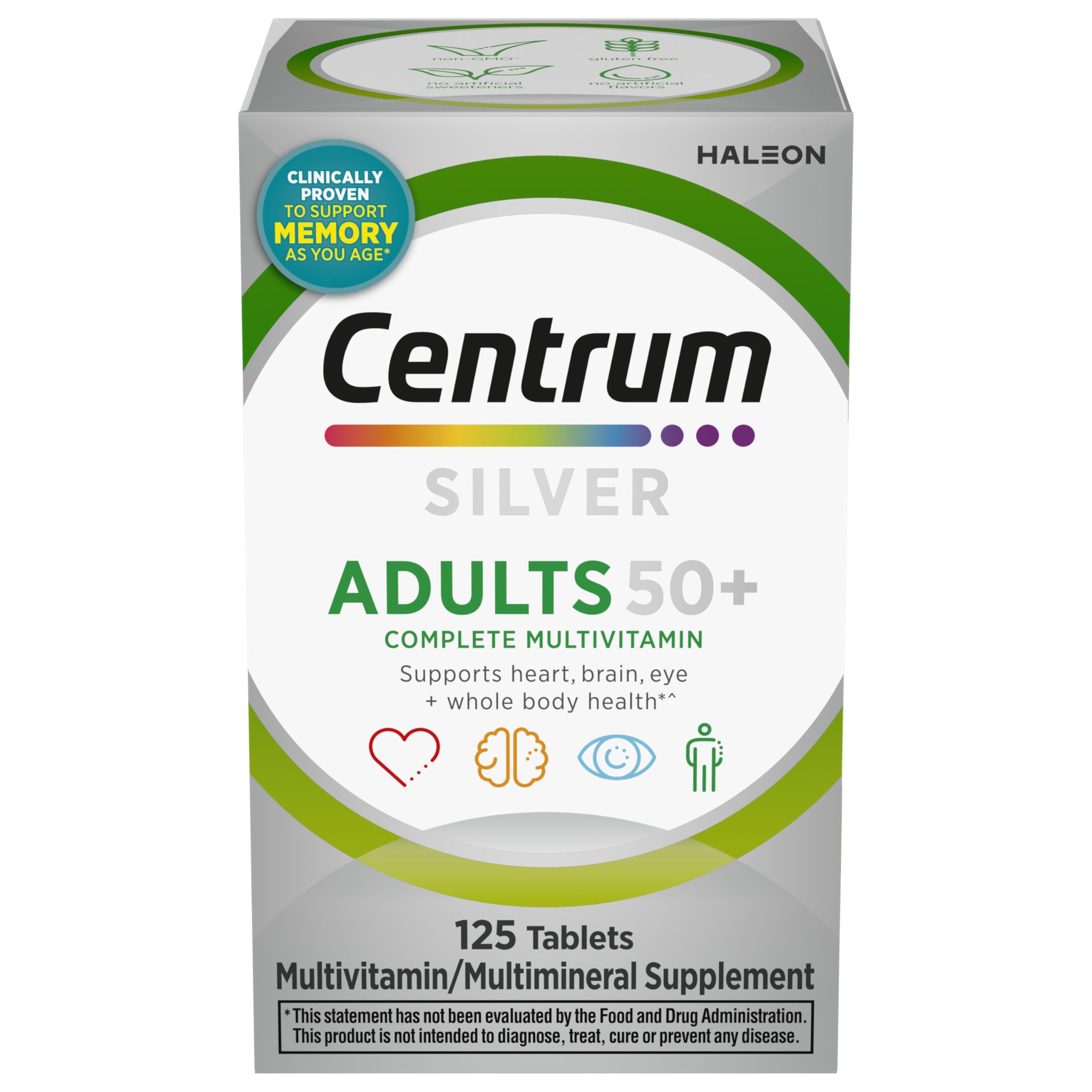 Centrum Silver vista frontal del frasco con 125 tabletas, conveniencia diaria