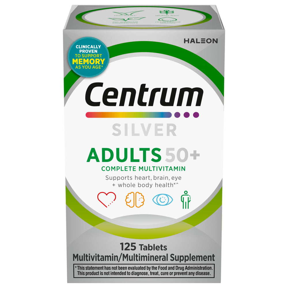 Centrum Silver vista frontal del frasco con 125 tabletas, conveniencia diaria