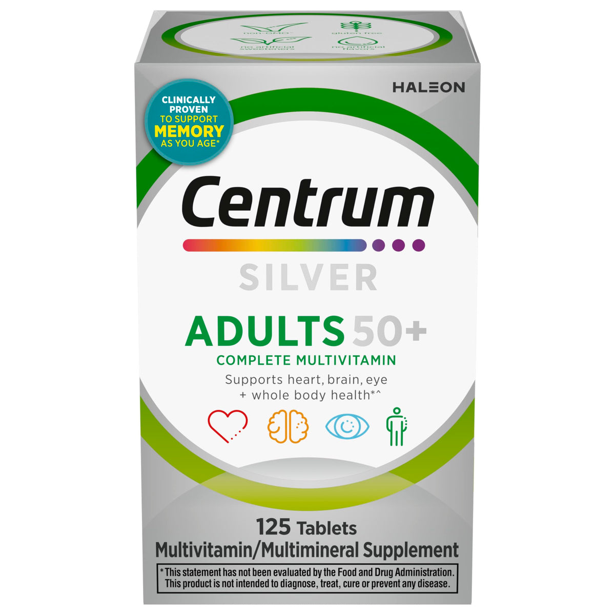 Centrum Silver vista frontal del frasco con 125 tabletas, conveniencia diaria