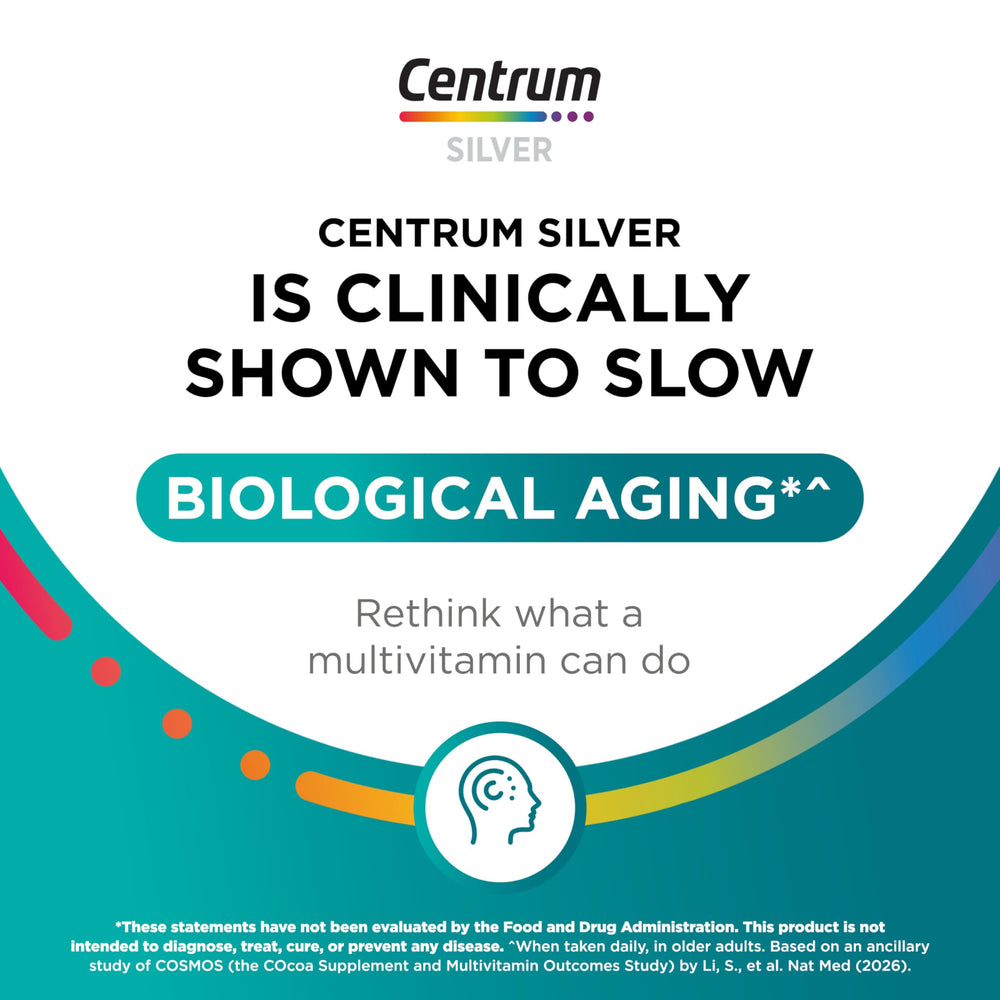 Centrum Silver tableta en mano ilustrando tamaño fácil de tragar y conveniencia diaria