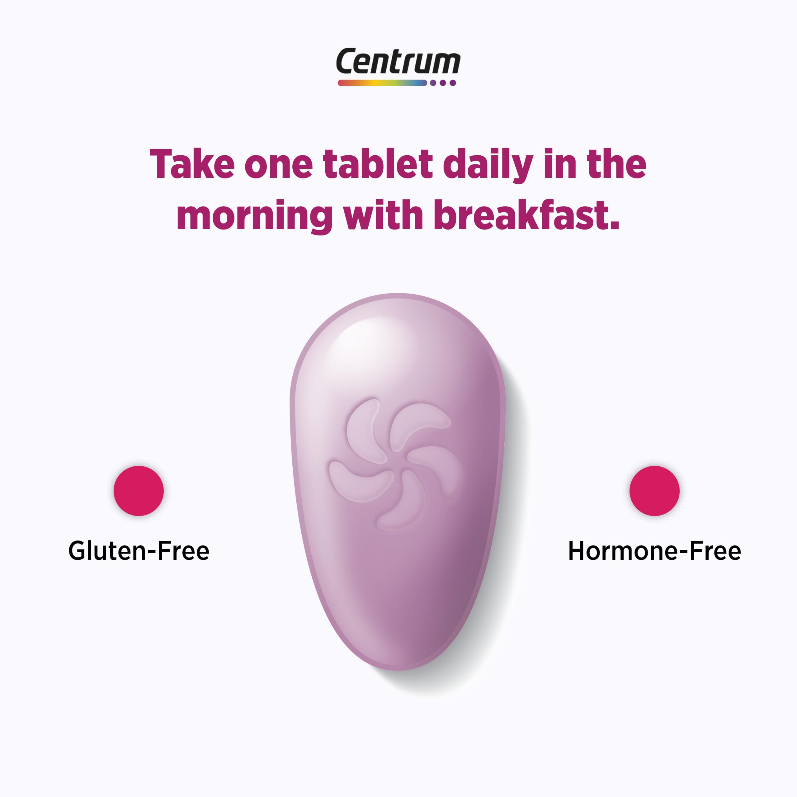 Centrum en estilo de vida junto a desayuno saludable sugiriendo soporte diario