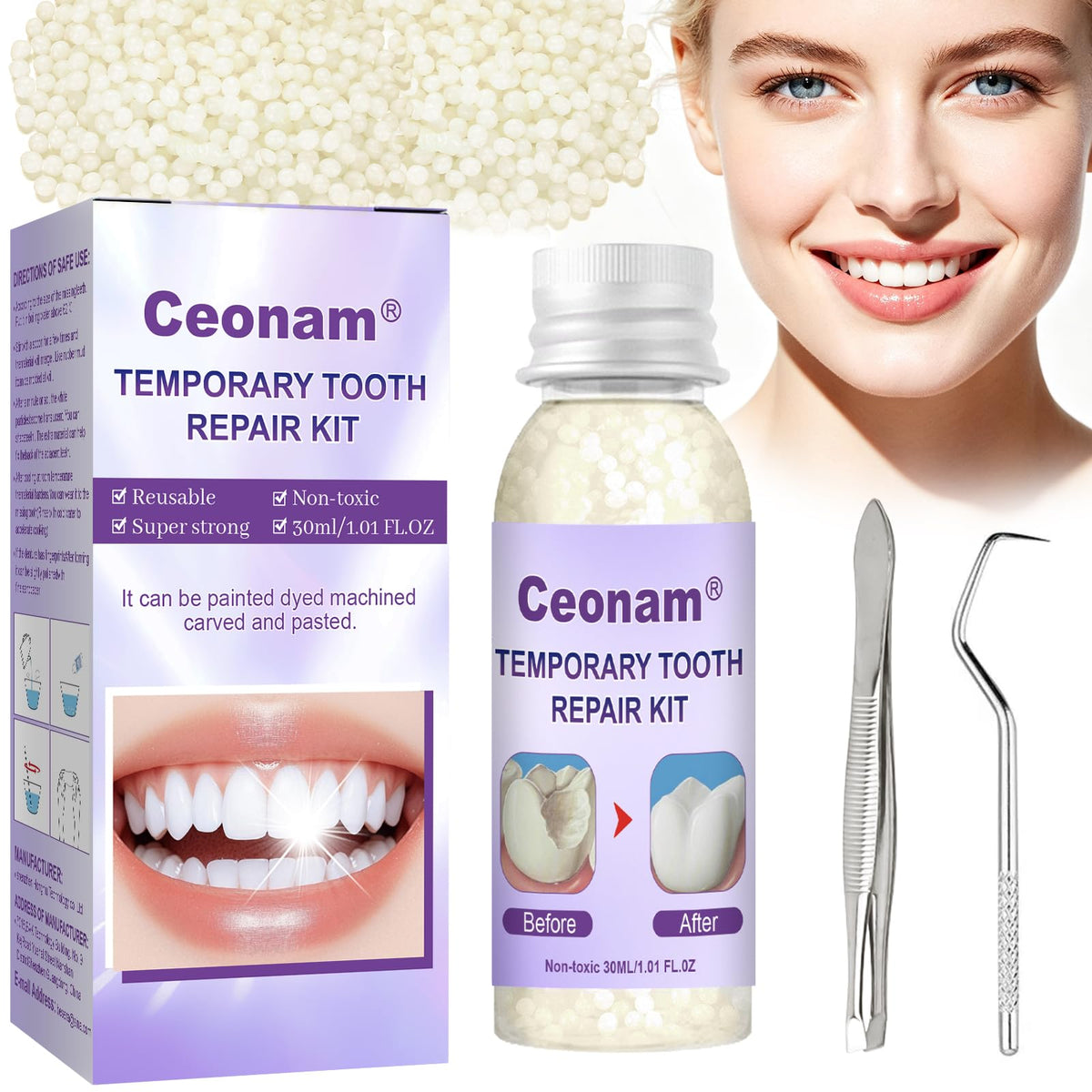 Ceonam frasco frontal del kit mostrando etiqueta y tamaño práctico