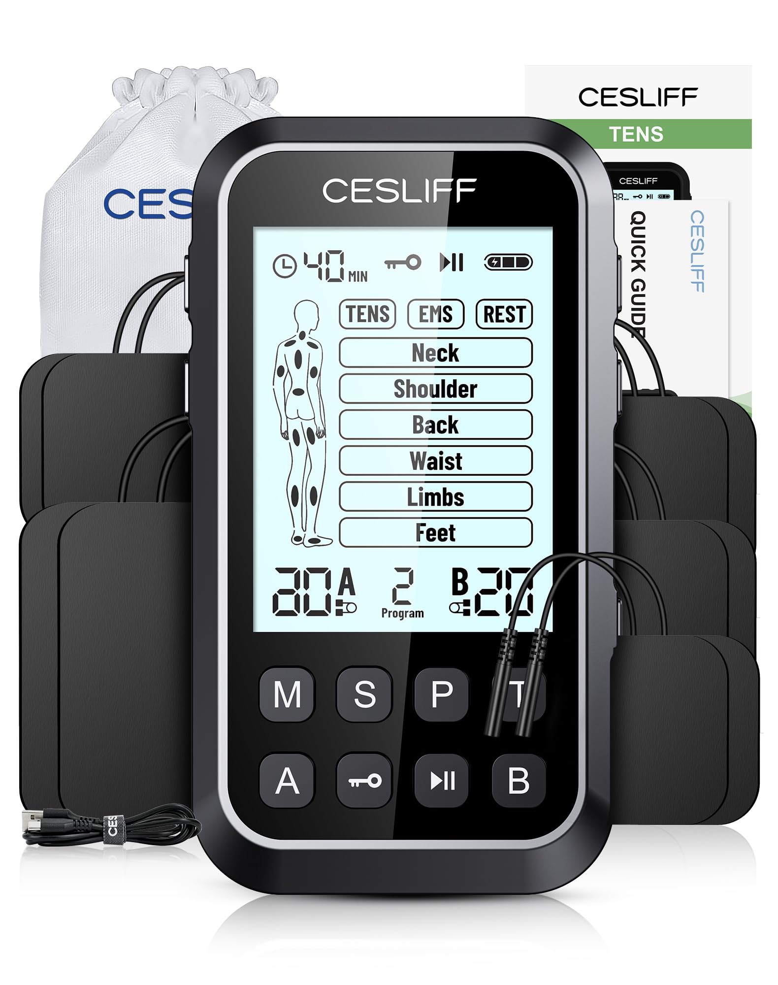 CESLIFF dispositivo frontal mostrando controles y diseño portátil, facilita uso personal