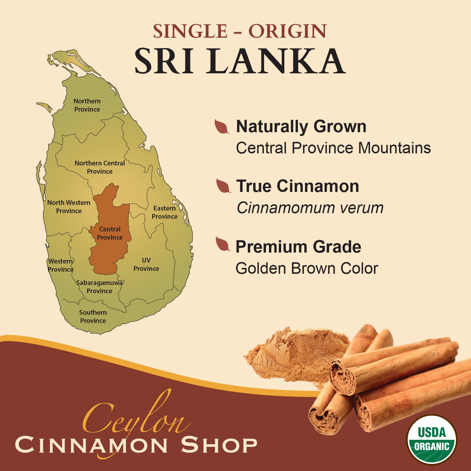 Ceylon Cinnamon Shop cápsula sostenida en mano para apreciar tamaño