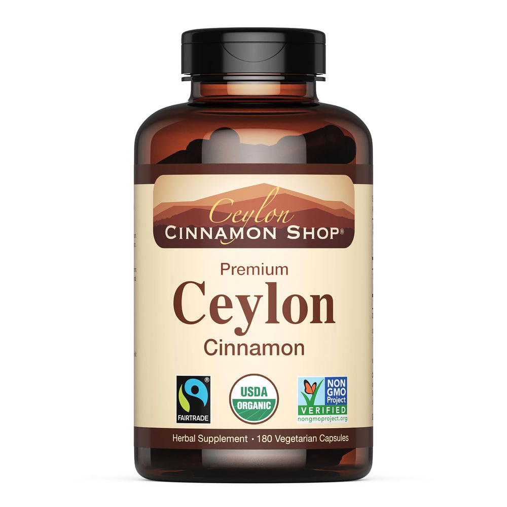 Ceylon Cinnamon Shop frasco frontal mostrando certificaciones y volumen