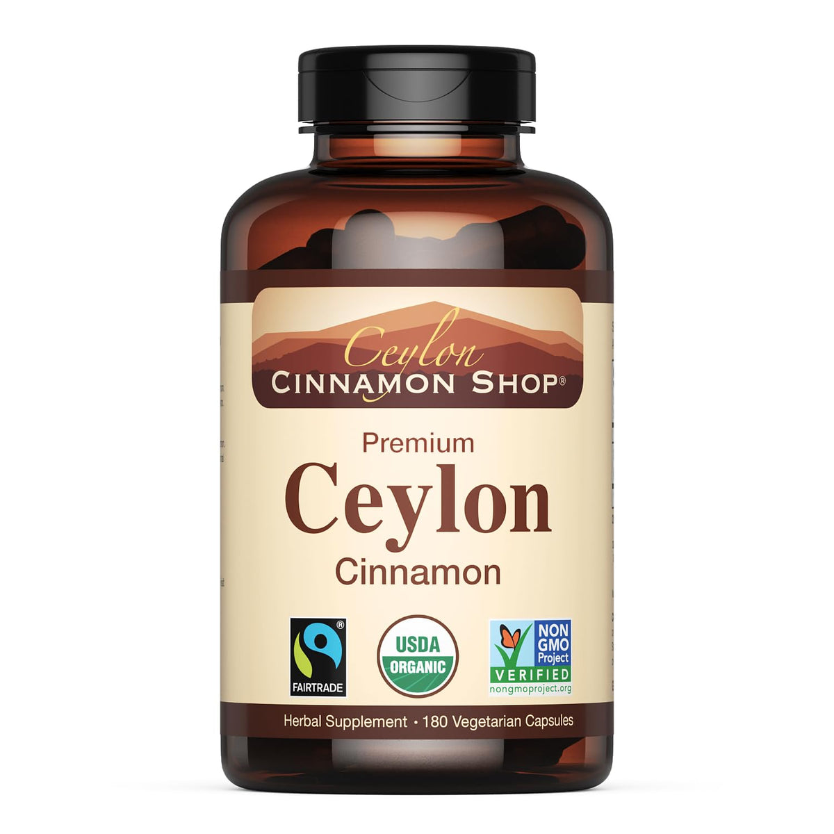Ceylon Cinnamon Shop frasco frontal mostrando certificaciones y volumen