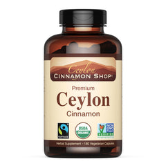 Ceylon Cinnamon Shop frasco frontal mostrando certificaciones y volumen