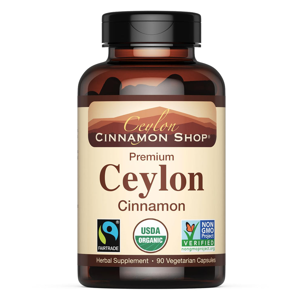 Ceylon Cinnamon Shop envase frontal mostrando 90 cápsulas y sello orgánico