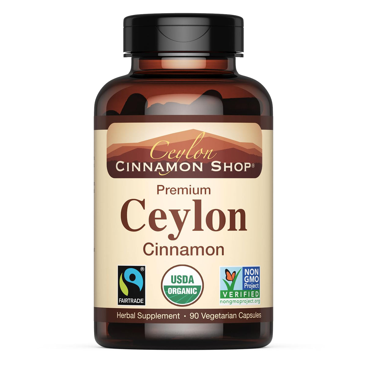 Ceylon Cinnamon Shop envase frontal mostrando 90 cápsulas y sello orgánico