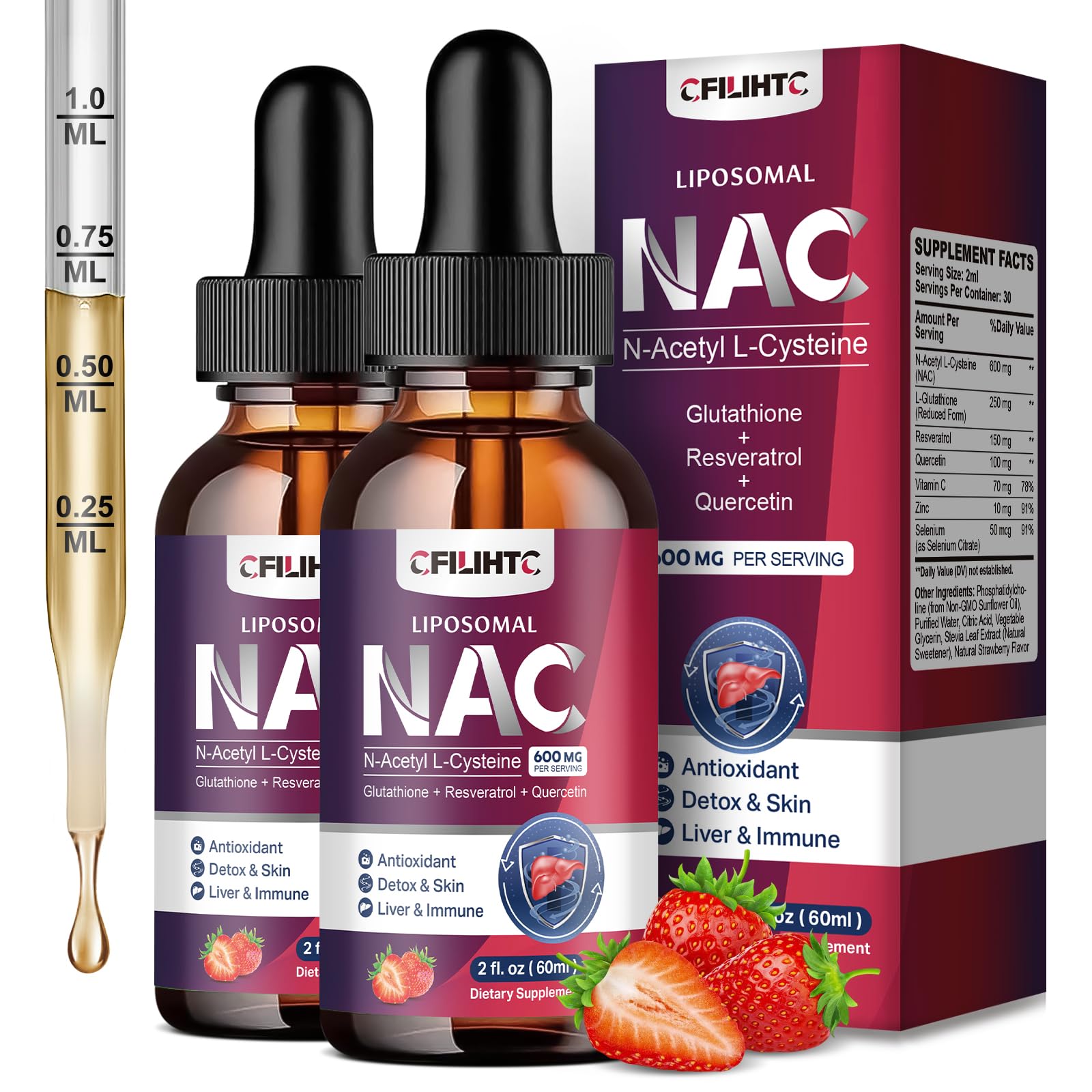 Frasco CFILIHTC Liposomal NAC vista frontal con etiqueta clara y sabor fresa