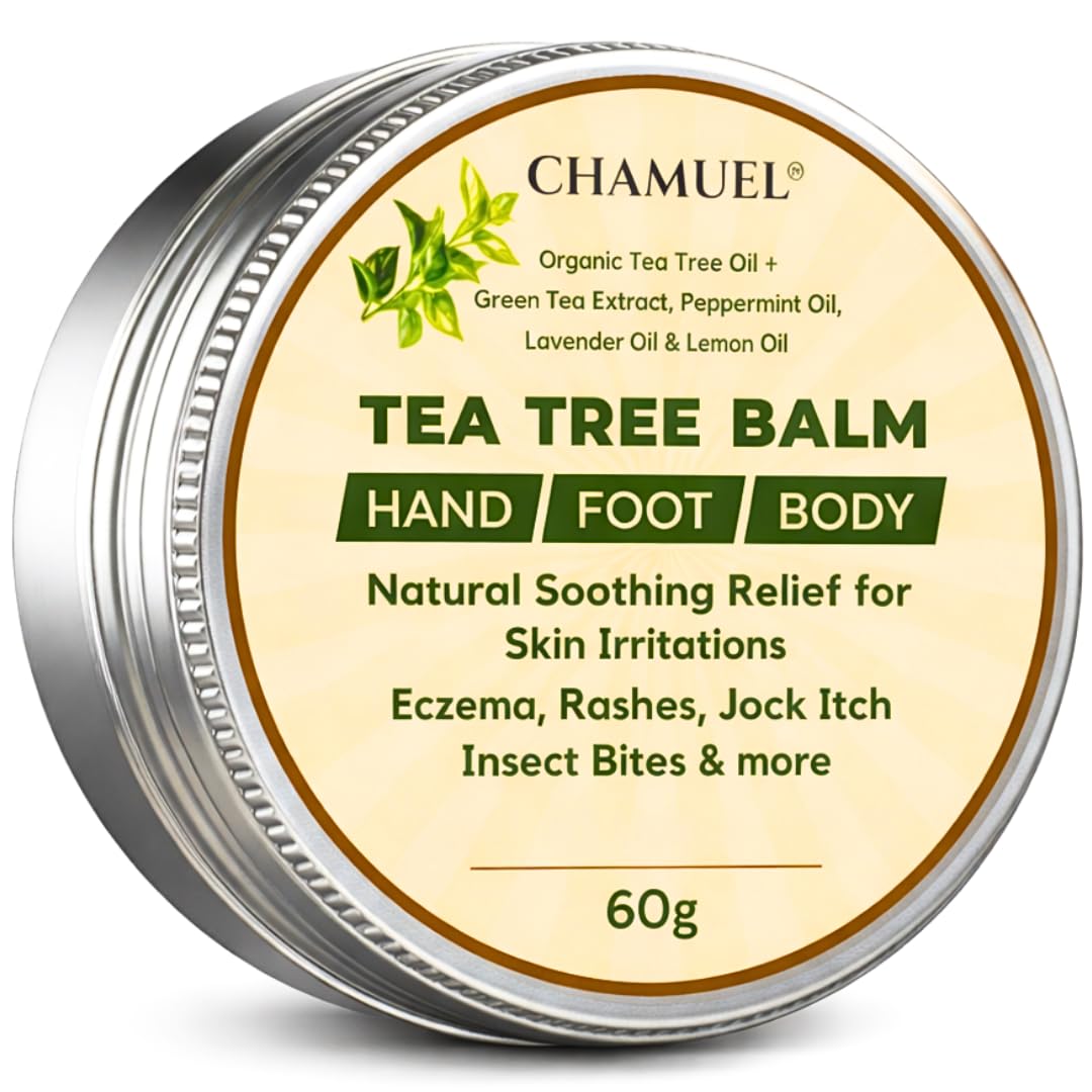 Chamuel Tea Tree Oil Balm envase frontal mostrando tamaño y uso hidratante