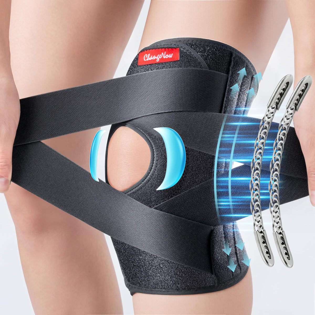 changenow rodillera frontal mostrando diseño y cierre, soporte estable