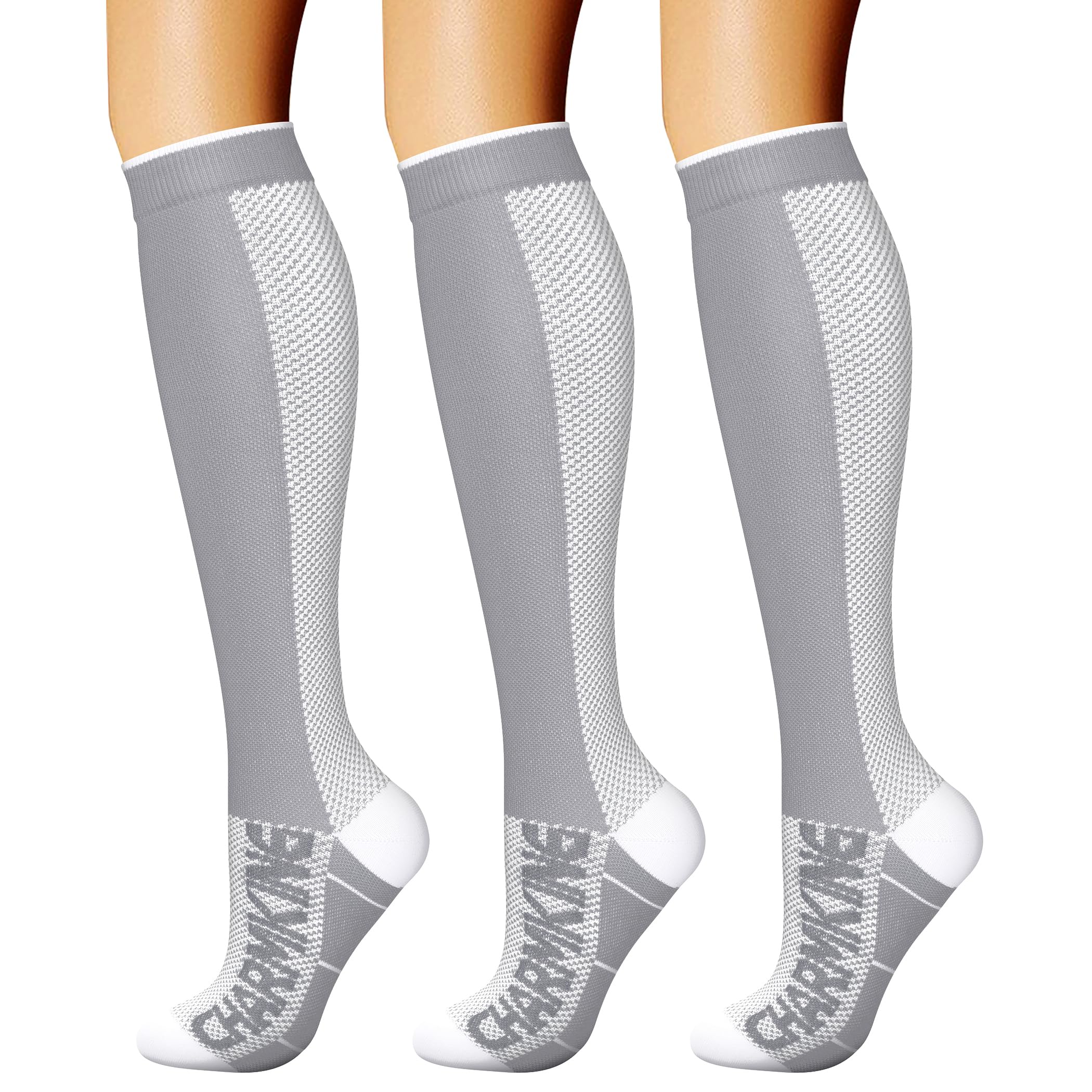 CHARMKING pack frontal de 3 calcetines mostrando colores y longitud para soporte diario