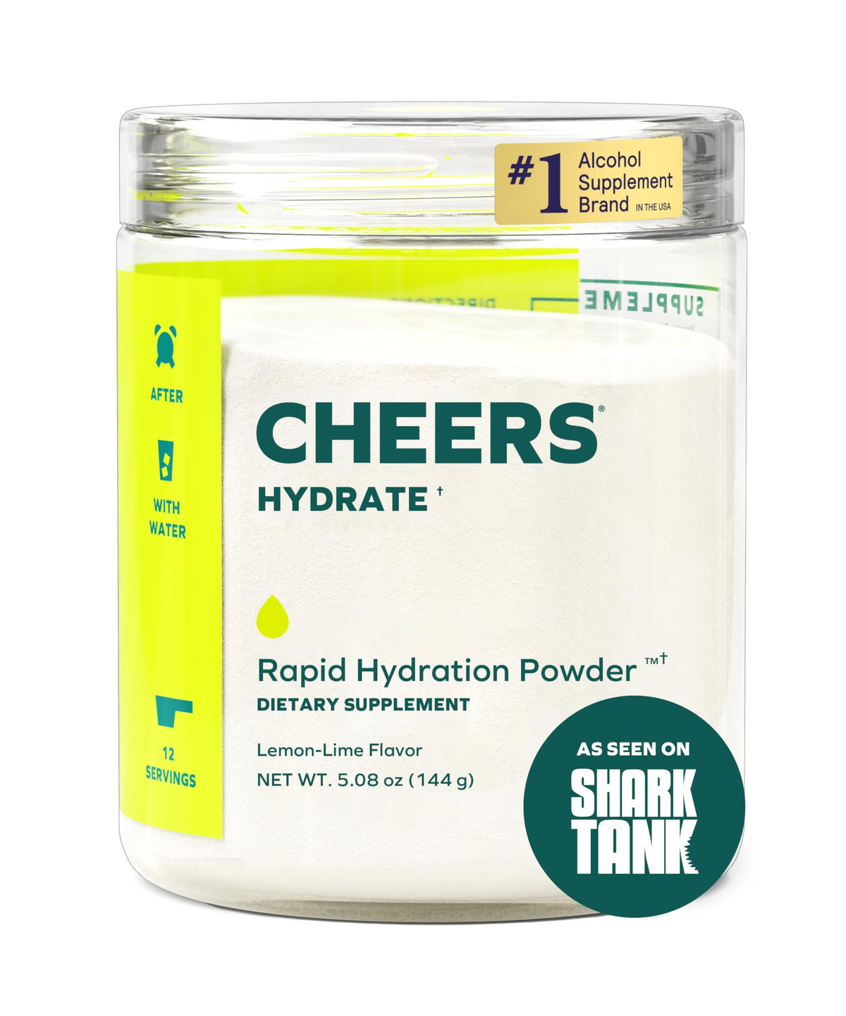 Envase frontal de Cheers Hydrate con etiqueta limón-lima, fácil identificación y conveniencia