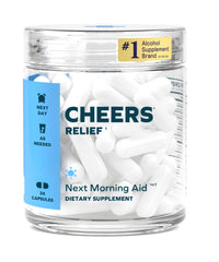Cheers Relief frente del empaque mostrando 12 dosis y claridad de ingredientes