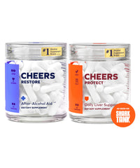 Cheers frasco frontal del combo Restore y Protect mostrando etiquetado claro y beneficios
