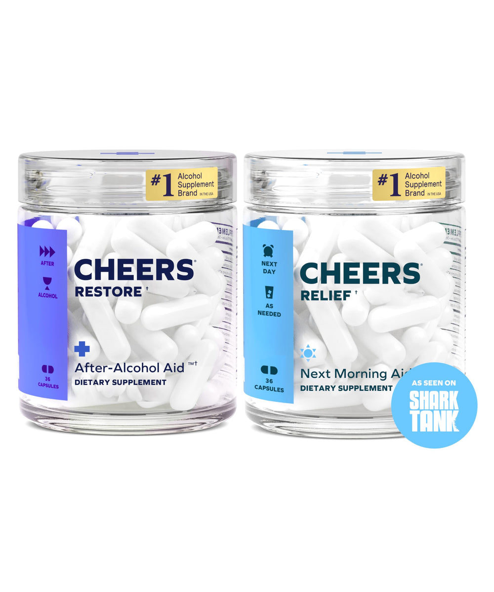 Cheers pack frontal Restore y Relief mostrando envases y dosis, confianza eficaz