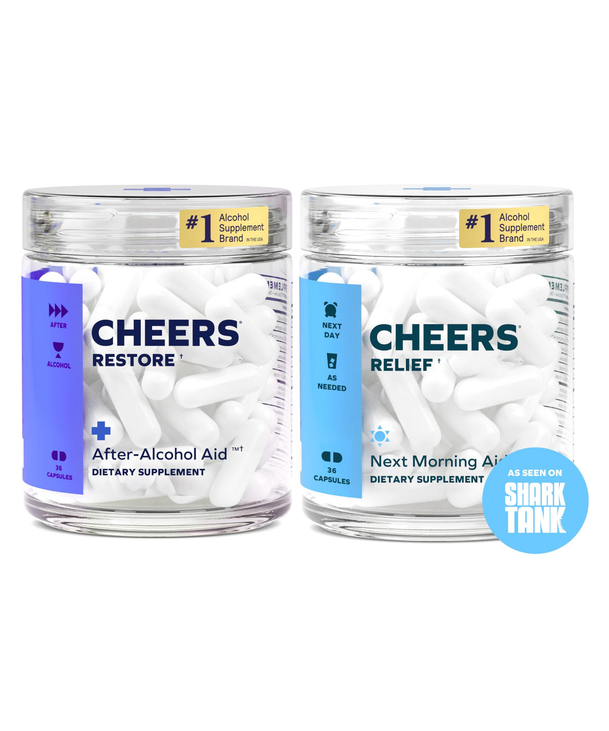 Cheers pack frontal Restore y Relief mostrando envases y dosis, confianza eficaz