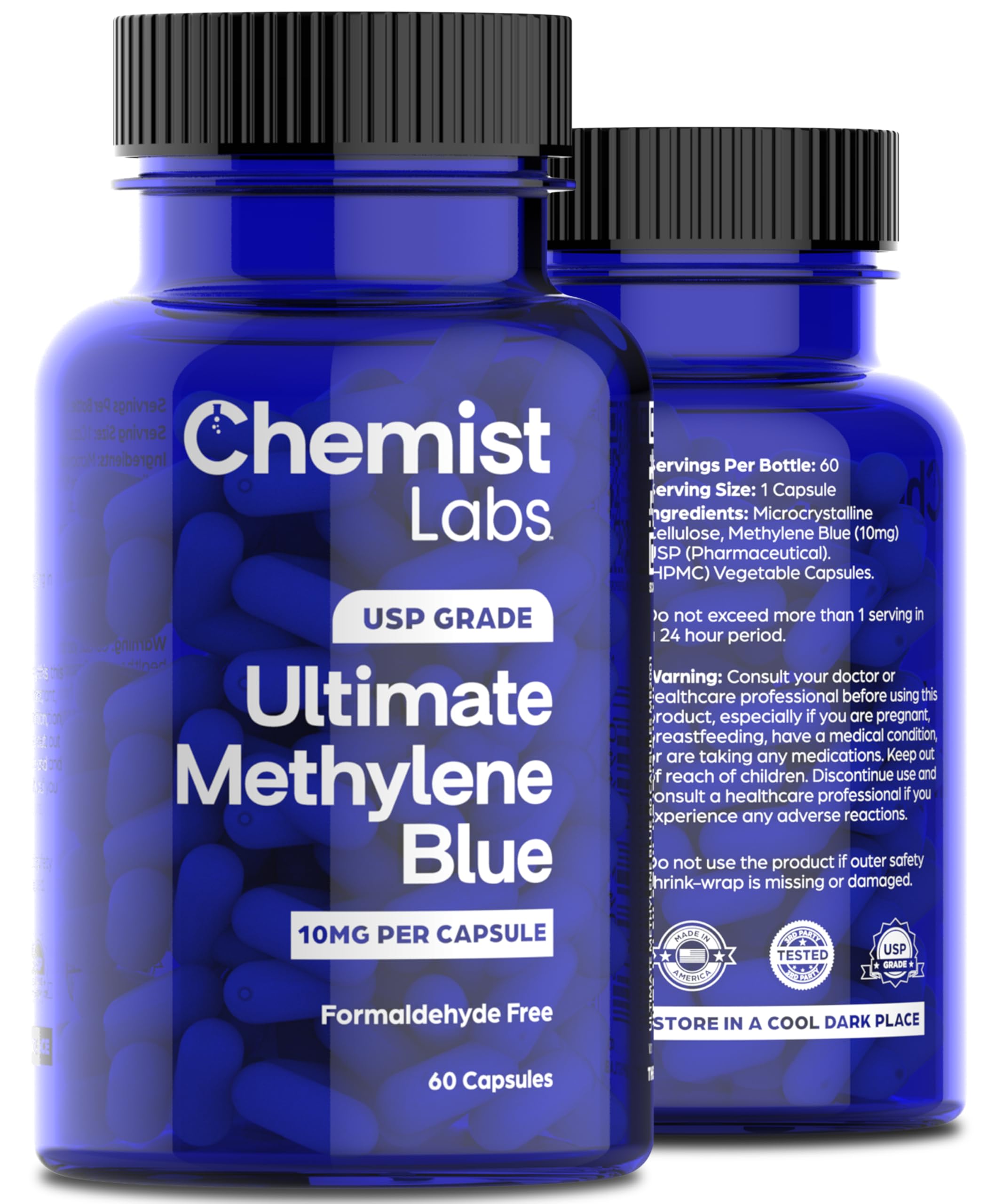 Chemist Labs cápsula abierta mostrando polvo azul y concentración