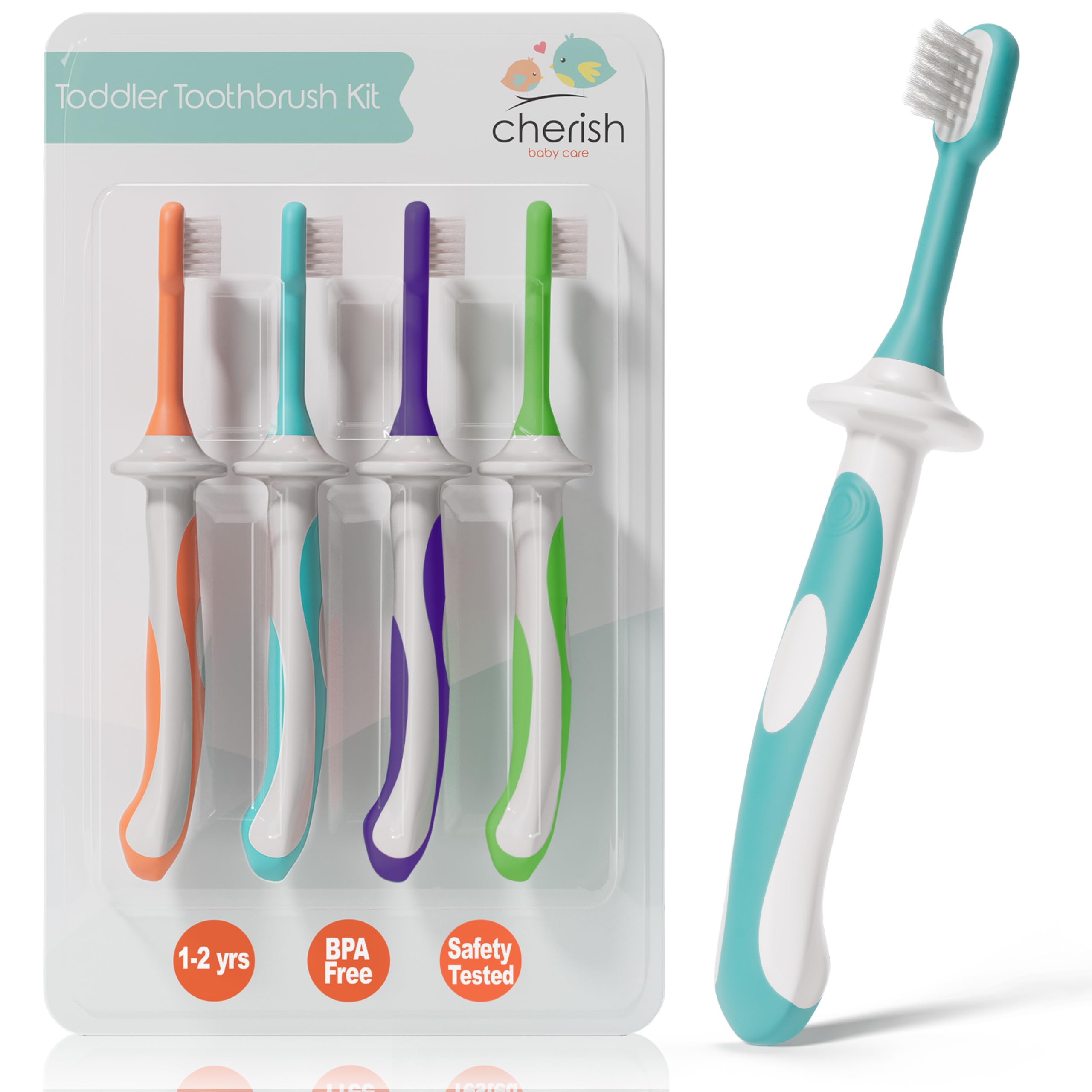 Cherish Baby Care pack frontal mostrando los cuatro cepillos pastel y facilidad de uso