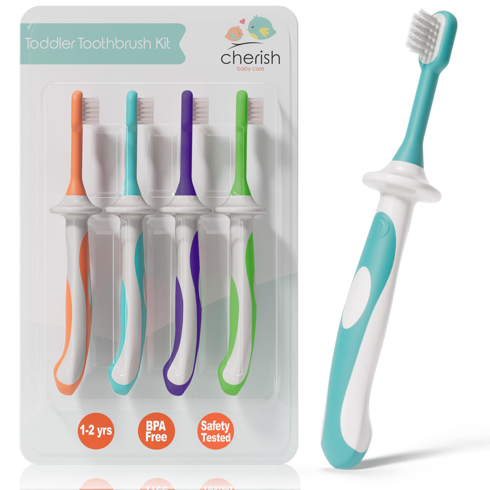 Cherish Baby Care pack frontal mostrando los cuatro cepillos pastel y facilidad de uso