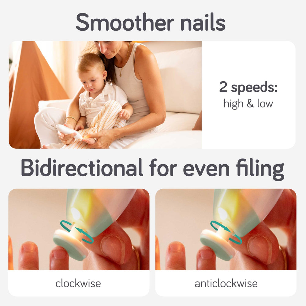 Cherish Baby Care en uso limando uñas de bebé, calma y precisión