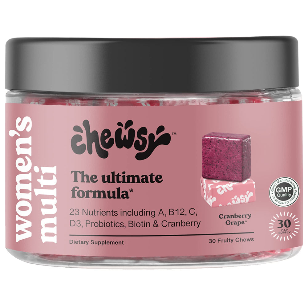 CHEWSY envase frontal mostrando sabor arándano uva y diseño claro