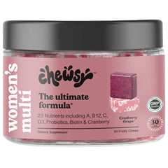CHEWSY envase frontal mostrando sabor arándano uva y diseño claro