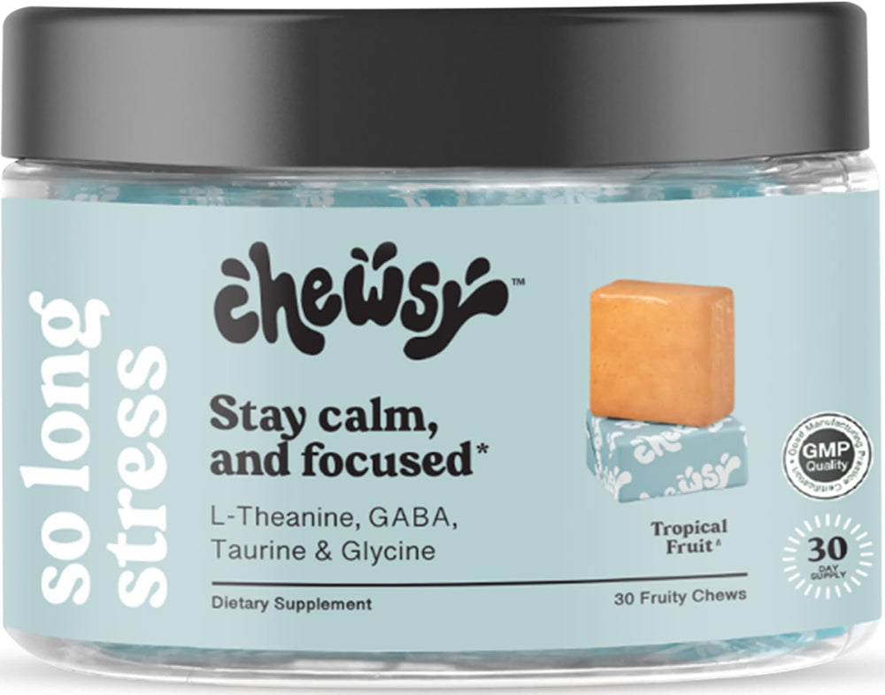 CHEWSY So Long Stress vista frontal del envase mostrando diseño tropical y cantidad