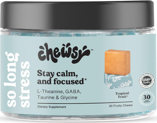 CHEWSY So Long Stress vista frontal del envase mostrando diseño tropical y cantidad