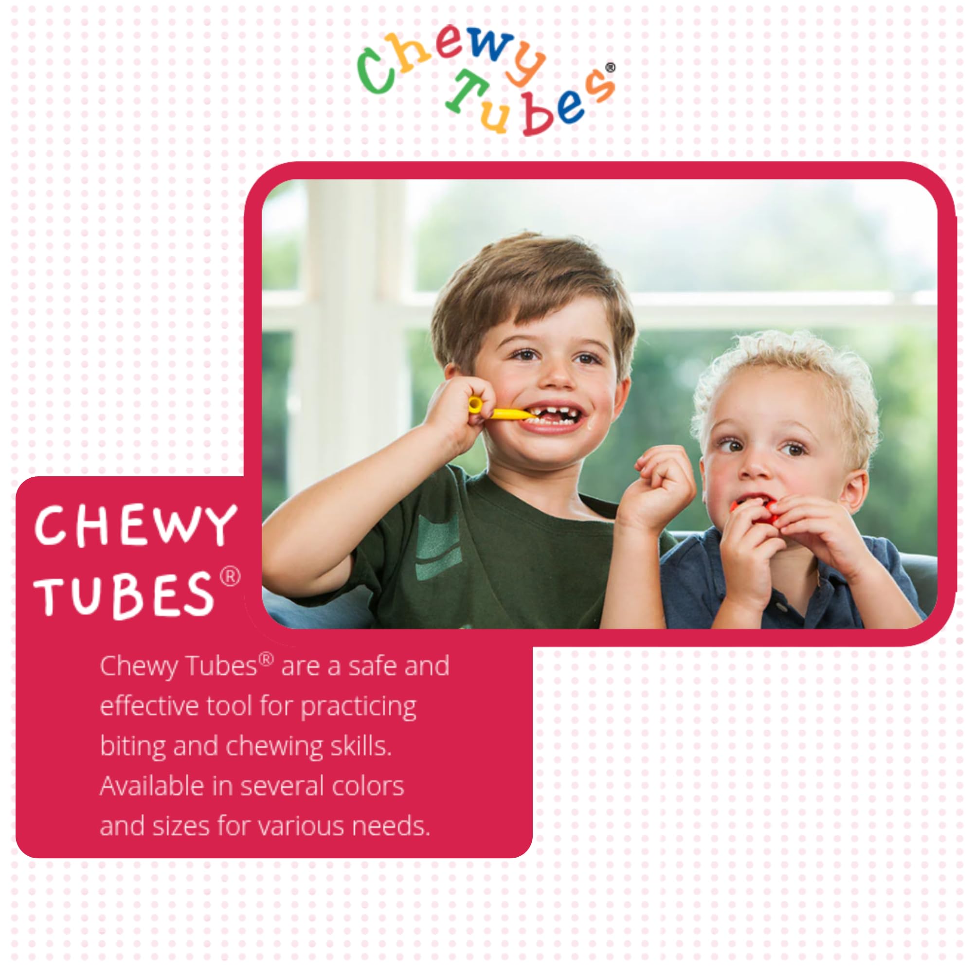 Etiqueta informativa de Chewy Tubes fabricado en USA con materiales seguros