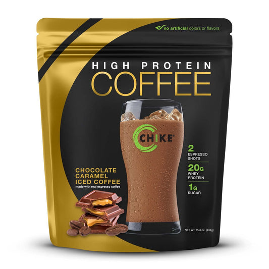 CHIKE envase frontal mostrando sabor chocolate caramel y beneficio energético