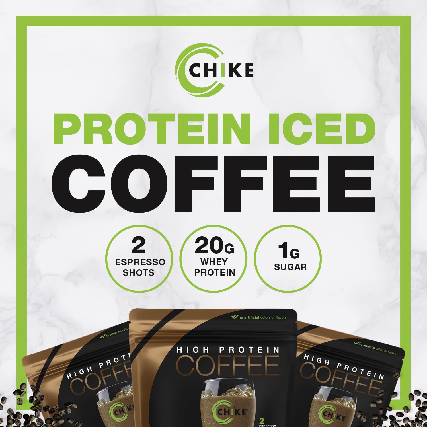 CHIKE etiqueta nutricional clara destacando 20 g proteína y 1 g azúcar