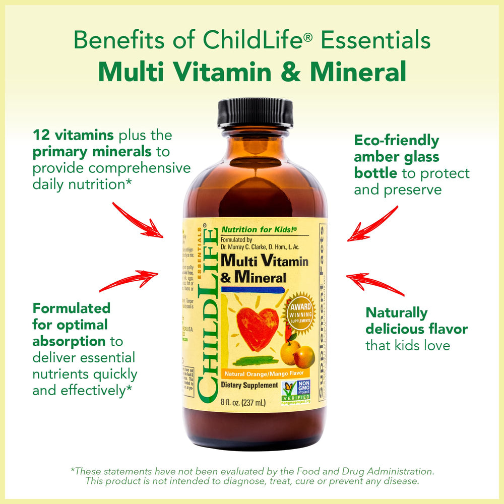 CHILDLIFE ESSENTIALS etiqueta con tabla nutricional fácil de leer