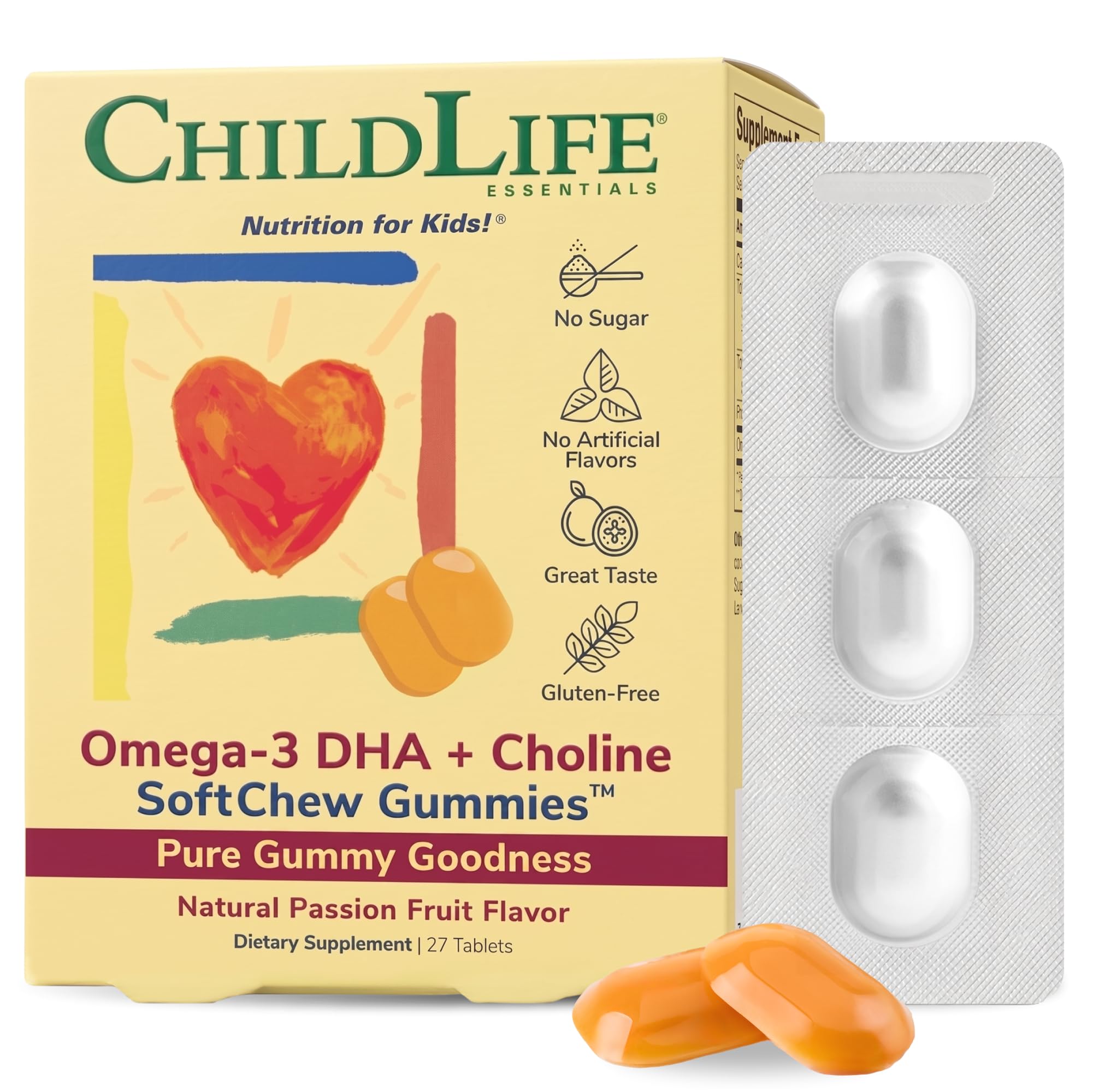 ChildLife Essentials frasco delantero mostrando 27 gomitas nutritivas y sin azúcar