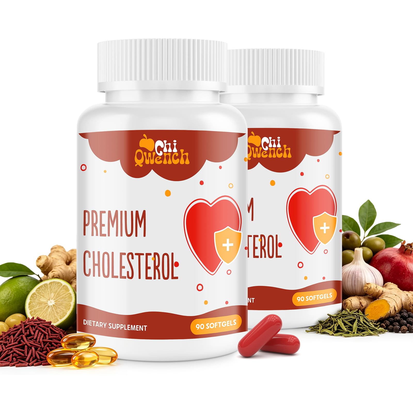 ChiQwench frasco frontal mostrando 180 softgels y etiqueta clara beneficio