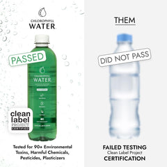 Chlorophyll Water reverso de la botella con información nutricional clara