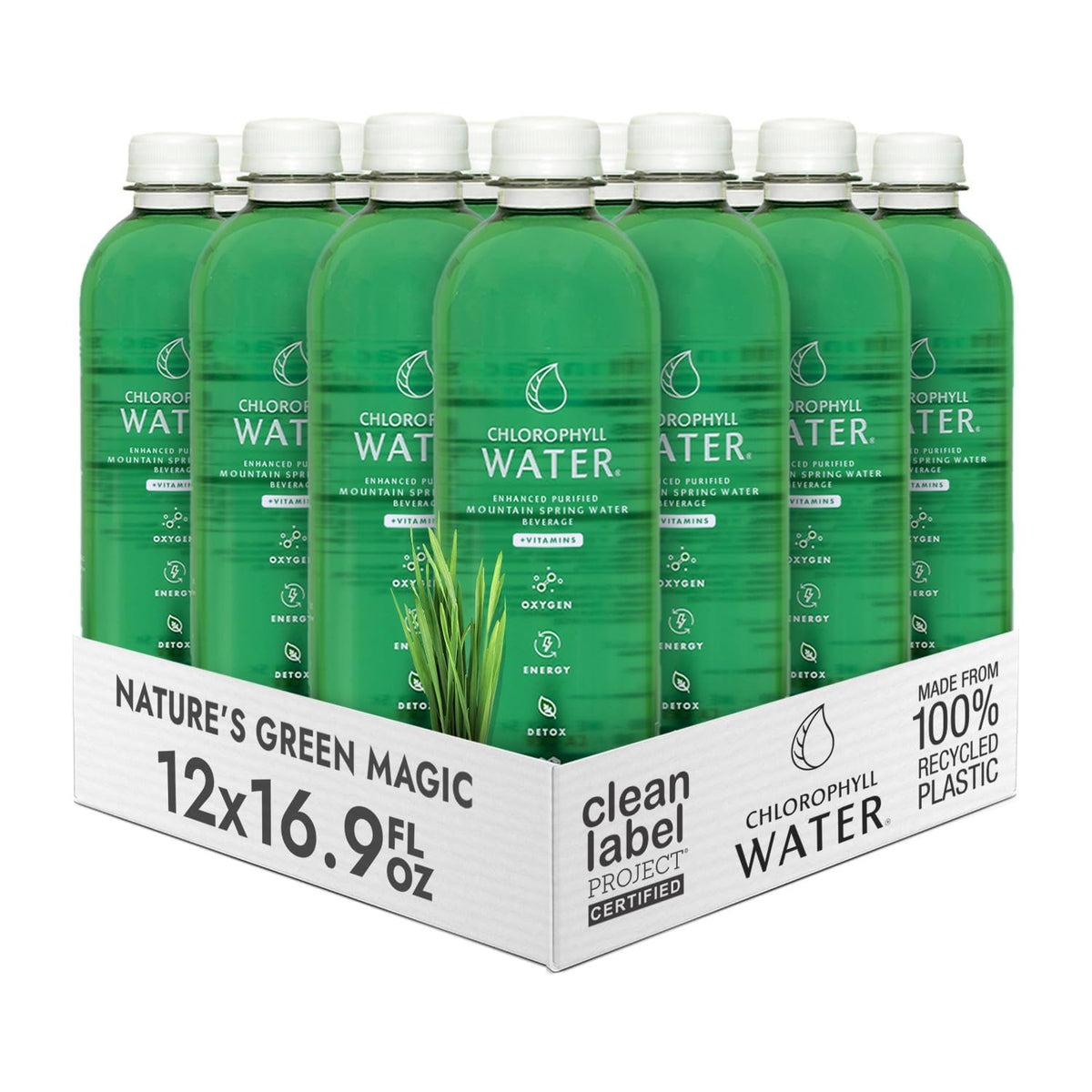 Chlorophyll Water frente del pack mostrándolo listo para beber y fresco
